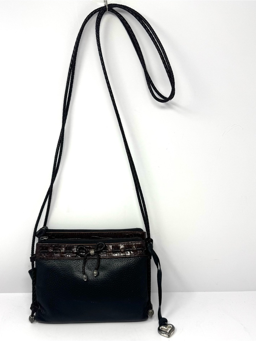Vintage Brighton Black Brown Leather Crossbody Purse Silver Heart Charm